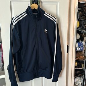 Medium size Adidas, stripped tracksuit top. Navy blue. Excellent condition.